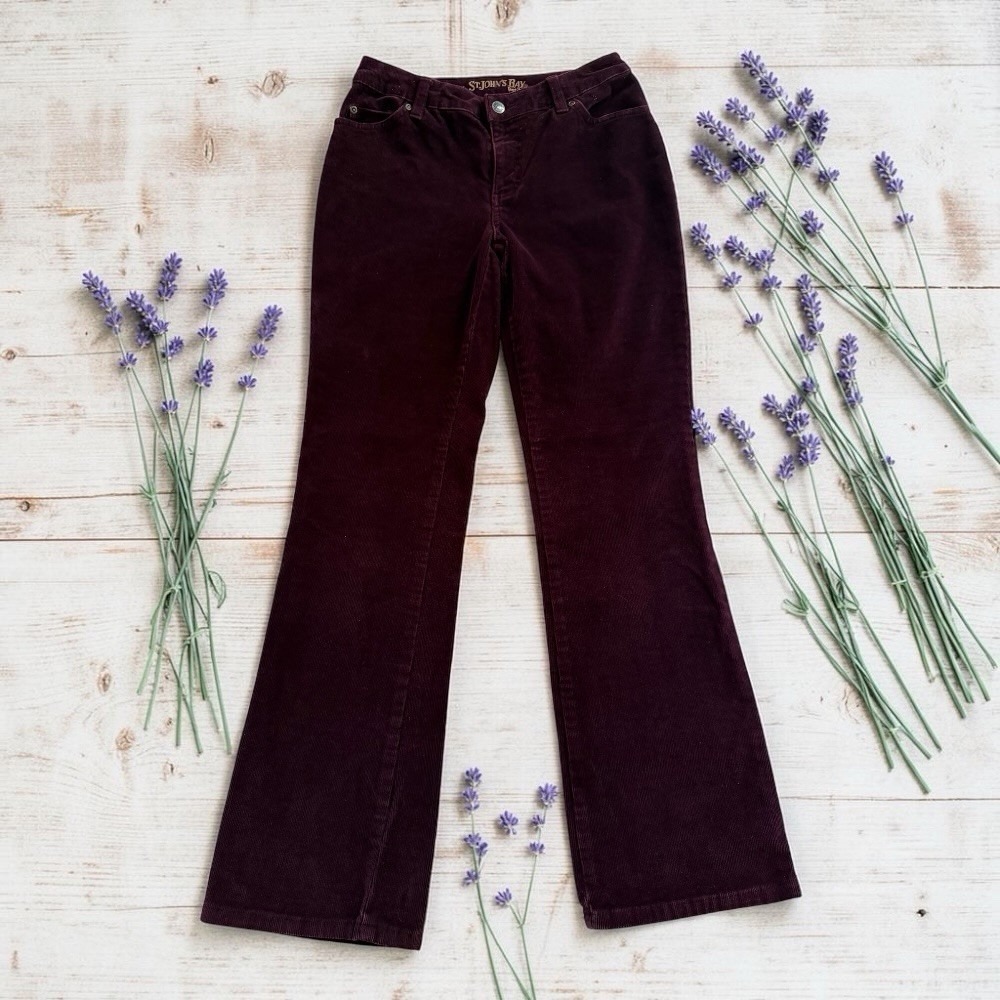 St. Johns Bay Petites Burgundy Corduroy Bootcut Mid Rise Pants Womens 4P